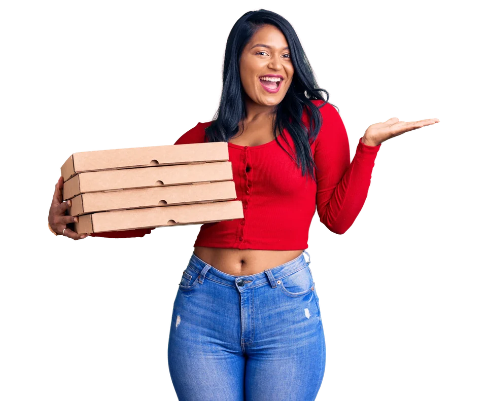 Smiling woman holding a stack of pizza boxes